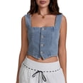 thumbnail image 1 of Argulvti Women's Denim Tank Tops Polyester Slim Fit Square Neck Backless Back Shirred Sleeveless Button Down Crop Tops, 1 of 7