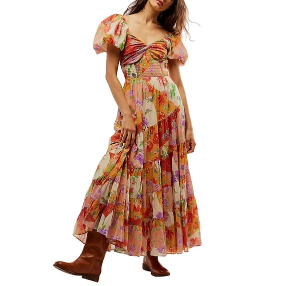 Argulvti Women's Flower Print Long Dress Polyester Short Puff Sleeve Sweetheart Neck Tunic Waist A-Line Dress