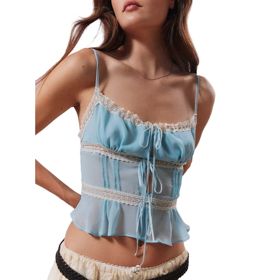 Argulvti Womens Sheer Mesh Cami Tops Polyester Lace Trim Adjustable Strap See Through V Neck Crop Tops for Summer