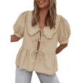 thumbnail image 1 of AIGUR Women's Striped Babydoll Tops Polyester Loose Doll Collar Short Sleeve Open Front Tie-Up Ruffle Shirt for Summer, 1 of 5