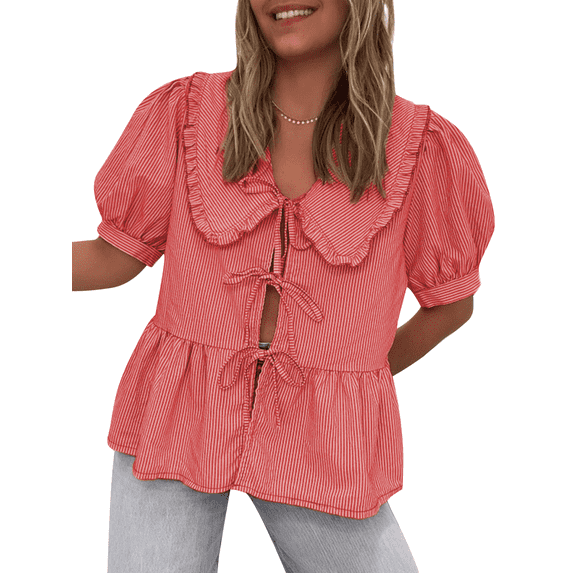 Argulvti Women's Striped Babydoll Tops Polyester Loose Doll Collar Short Sleeve Open Front Tie-Up Ruffle Shirt for Summer