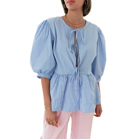Argulvti Women's Summer Casual Tops Polyester Half Sleeve Open Front Tie Up Solid Color/Plaid Leisure Blouse