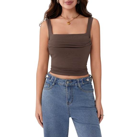Argulvti Women's Summer Simple Tank Tops Sleeveless Solid Color Skinny Ruched Camisole Tops