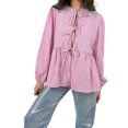 thumbnail image 1 of Argulvti Womens Tie Front Tops Long Sleeve Round Neck Hollow Out Loose Babydoll Shirts Polyester Blouses, 1 of 5