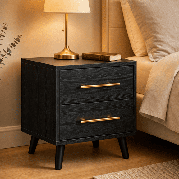 AIHO 2 Drawer Nightstand with Gold Handles, Mid-Century Modern Bedside End Table, Waterproof & Scratch Resistant, Black for Bedroom Living Room