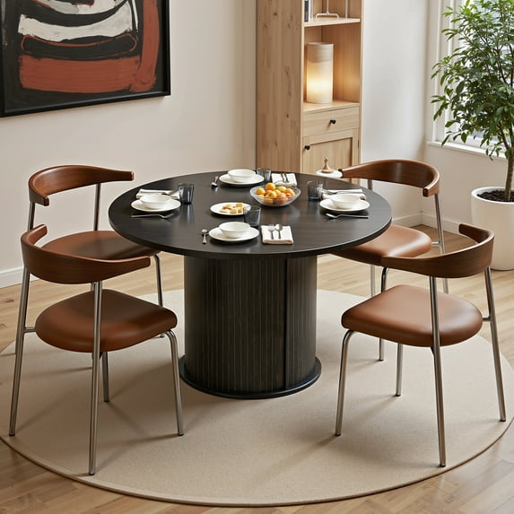 AIHO 47-inch Round Dining Table with 2-Layer Storage Rack | Farmhouse Kitchen Table for 4 with Sliding Doors & Iron Frame, Black