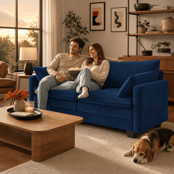 AIHO 71-Inch Corduroy Loveseat Sofa, 2-Seater Deep Seat Couch with Double-Layer Memory Foam Cushions and Washable Covers, Blue