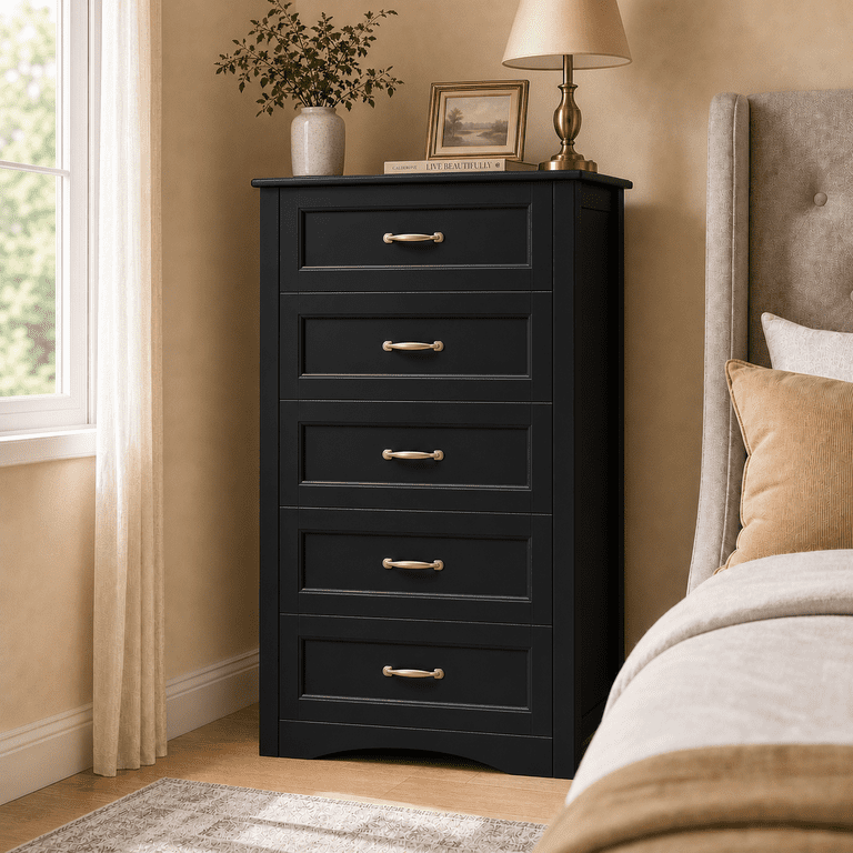 AIHO Black 5‑Drawer Dresser,Wood Chest of Drawers with Metal Handles & Anti‑Tip Device for Bedroom Living Room Office