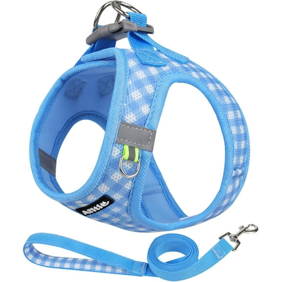 AIITLE Adjustable Dog Harness and Leash Set, Step in No Pull Pet Harness, Soft Mesh Reflective Plaid Vest Harnesses for Small Dogs Puppy and House Cats Outdoor Walking Running Blue XS