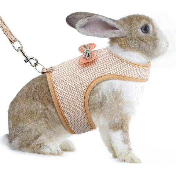 AIITLE Rabbit Harness Leash Set, Escape Proof Bow-Adorned Mesh Vest for Bunny Ferret Kitten Small Animals Beige M