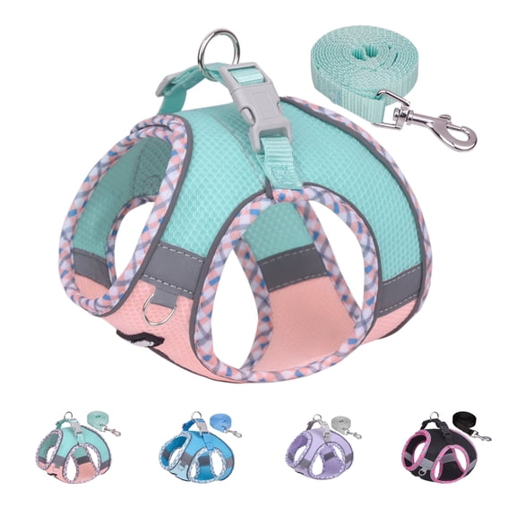 AIITLE Mesh Breathable Reflective Dog Harness, Quick-Release Buckle, Outdoor Pet Vest for XS Dogs & Cats, Turquoise-Pink, XXS