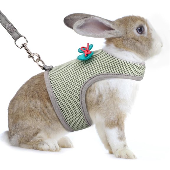 AIITLE Rabbit Harness Leash Set, Escape Proof Bow-Adorned Mesh Vest for Bunny Ferret Kitten Small Animals Olive Green S