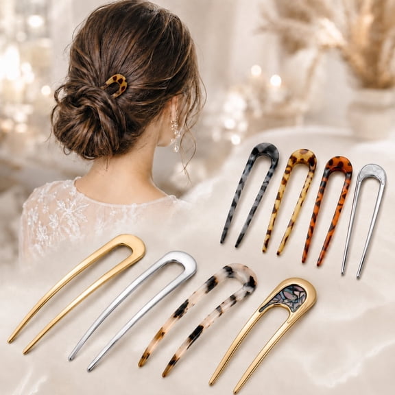 AIJIA 8-Piece U Shaped Hair Pins, French Style Hair Forks for Buns, Vintage Metal & Acetate Chignon Sticks, Non-Slip Hair Accessories for Women
