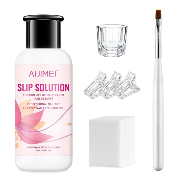 AIJIMEI 58ml/2fl.oz Nail Slip Solution Set Slip Solution for Poly Nail Gel Nails Nail Extension Professional Poly Nail Gel Slip Solution with Nail Brush Glass Crystal Cup for Home and Salon ALT2