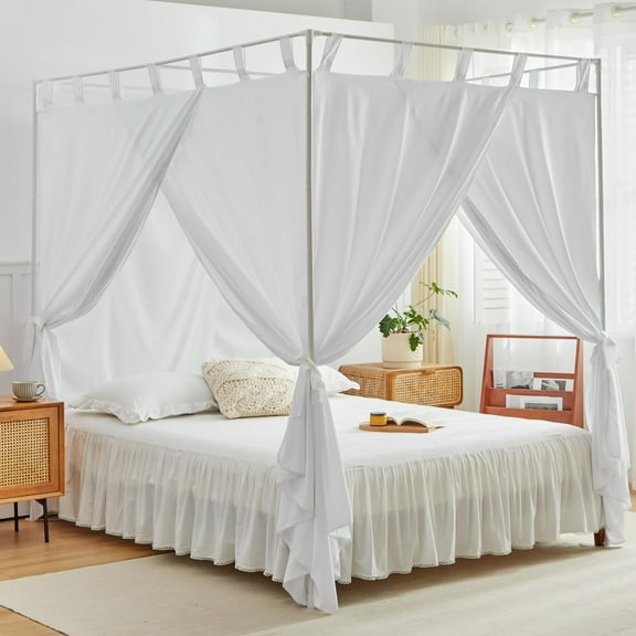 AIKASY White Canopy Bed Curtains with Top Ties and Tie Backs for Bedroom Decoration - King Size Bed Curtains with Windproof and Lightproof Features