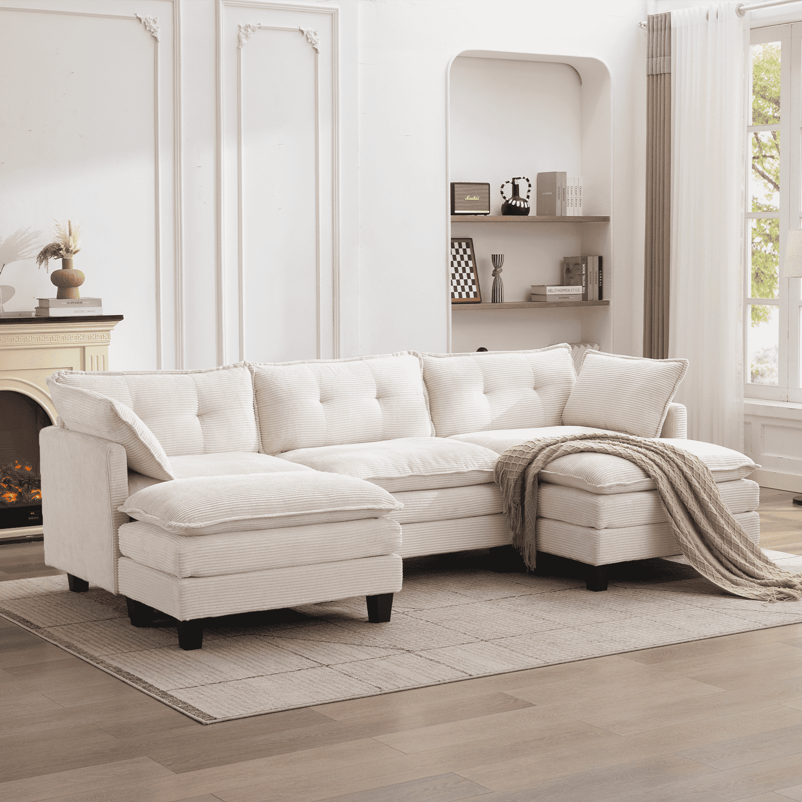 AIKEMING 112" U-Shaped Cloud Couch, Oversized Modular Sectional Sofa with 3-Seater Comfy Couch and 2 Movable Ottomans for Living Room, Beige