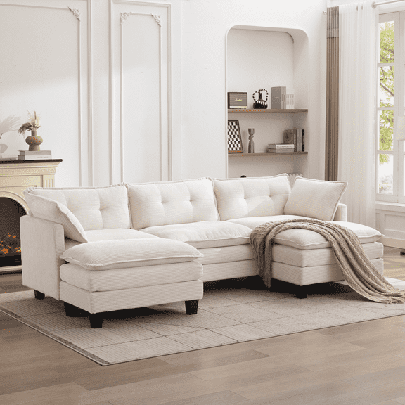 AIKEMING 112" U-Shaped Cloud Couch, Oversized Modular Sectional Sofa with 3-Seater Comfy Couch and 2 Movable Ottomans for Living Room, Beige