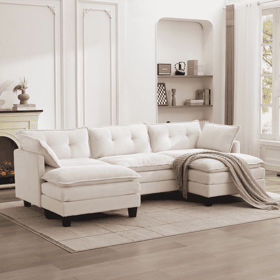 AIKEMING 112" U-Shaped Cloud Couch, Oversized Modular Sectional Sofa with 3-Seater Comfy Couch and 2 Movable Ottomans for Living Room, Beige