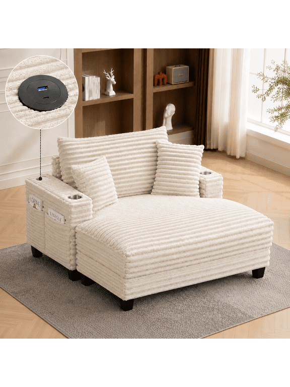 64" Oversized Chaise Lounge Indoor Furniture, Deep Seat with USB & Type-C Charging, 2 Cup Holders & 4 Pockets, Comfy Cloud Floor Sofa Bed for Living Room (Beige)