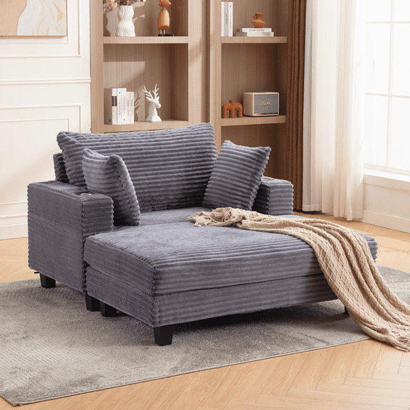 AIKEMING 60"Oversized Chaise Lounge Chair with USB Charging, Dual Storage & Cup Holders, Throw Pillows and Armrests for Living Room/Bedroom, Corduroy (Grey)