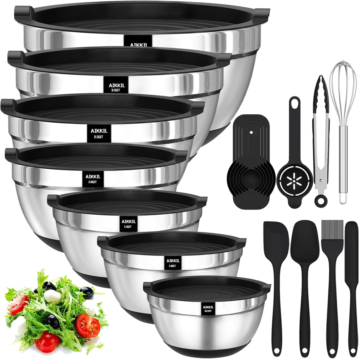 AIKKIL Mixing Bowls with Airtight Lids, 20 Piece Stainless Steel Metal Nesting Bowls, Non-Slip Silicone Bottom, Size 7, 3.5, 2.5, 2.0,1.5, 1,0.67QT
