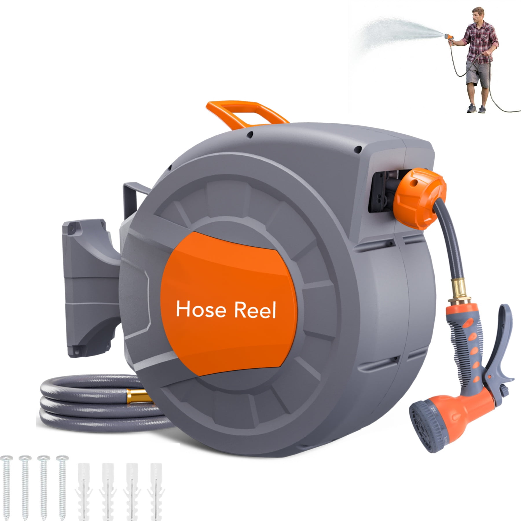 AIKKYS 100ft Retractable Garden Hose Reel with Auto Rewind,180° Swivel Bracket & 9-Pattern Nozzles,Any Length Lock Wall-Mounted Water Hose Reel