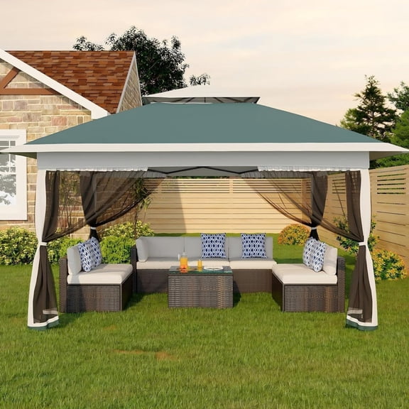 AIKKYS 13'x13' Dark Green Pop-up Gazebo with Mosquito Netting,Easy Setup Outdoor Canopy Tent for Patio,Backyard,Garden,Deck