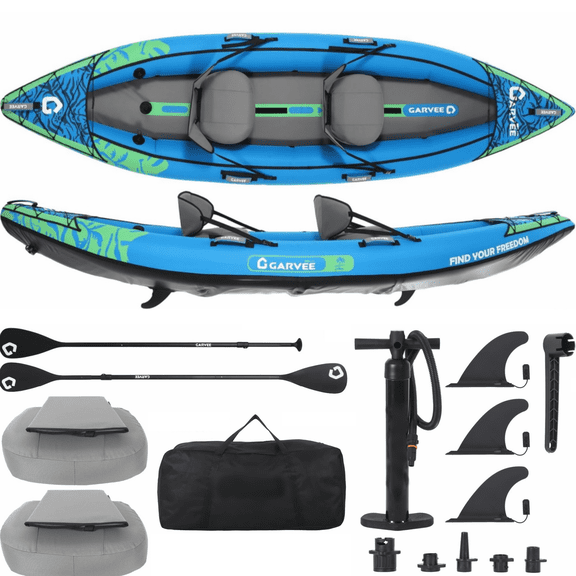 AIKKYS 2 Person Inflatable Kayak,12.5FT Fishing Kayak for Adults,Portable Touring Kayak with Padded Seats,3 Fins,Hand Pump,Carry Bag,450 LBS Capacity,Blue