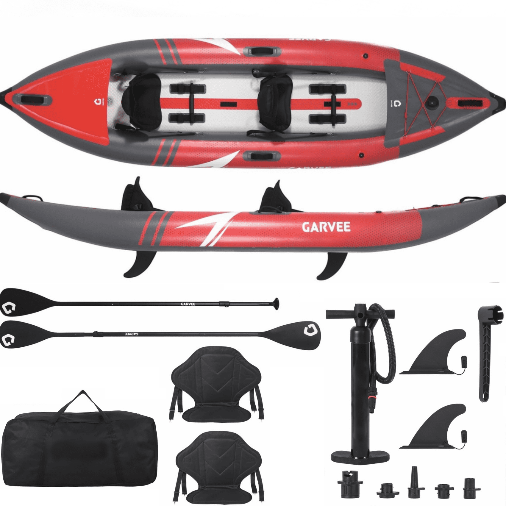 AIKKYS 2 Person Inflatable Kayak,12.5FT Fishing Kayak for Adults,Portable Touring Kayak with Padded Seats,3 Fins,Hand Pump,Carry Bag,450 LBS Capacity,Red & Grey