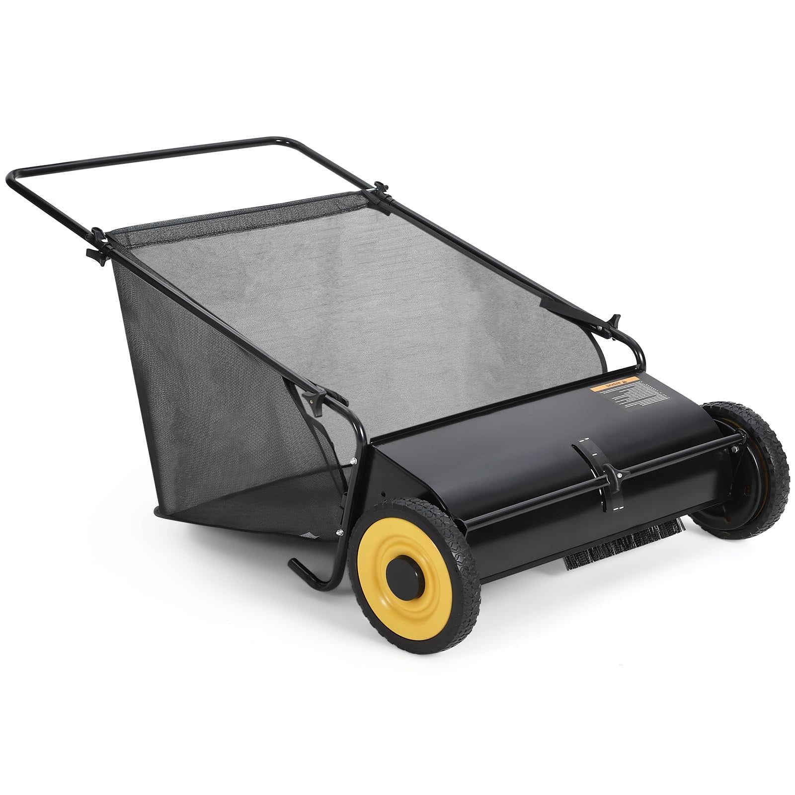 AIKKYS 21" Push Lawn Sweeper with Height Adjustment & 4 Fast Spinning Brushes,3.5 Cu. Ft. Leaf & Grass Collector for Grass Clippings,Leaves & Debris,Black-Yellow Wheels