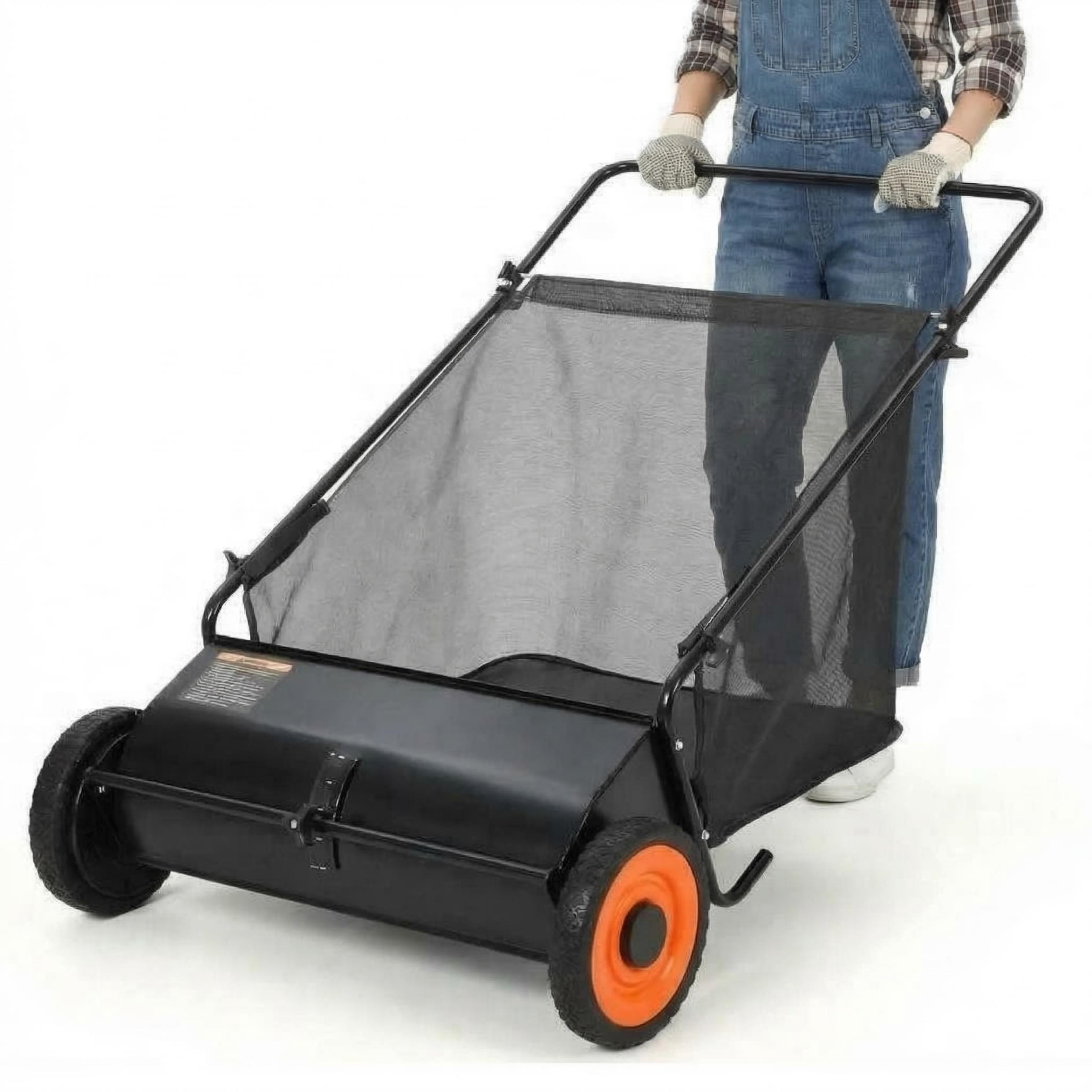 AIKKYS 26 Inch Heavy Duty Push Lawn Sweeper with 4 Spinning Brushes,Steel Frame 7 Cu. Ft. Leaf & Grass Collector,Adjustable Height,Black-Orangre Wheels