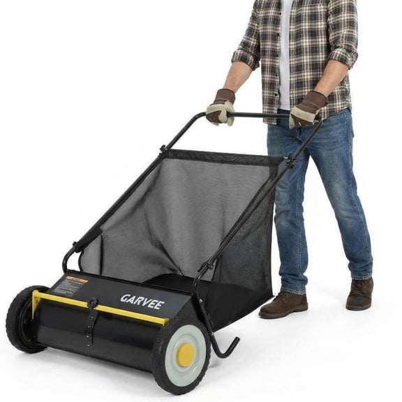 AIKKYS 26 Inch Heavy Duty Push Lawn Sweeper with 4 Spinning Brushes,Steel Frame 7 Cu. Ft. Leaf & Grass Collector,Adjustable Height,Black&Yellow