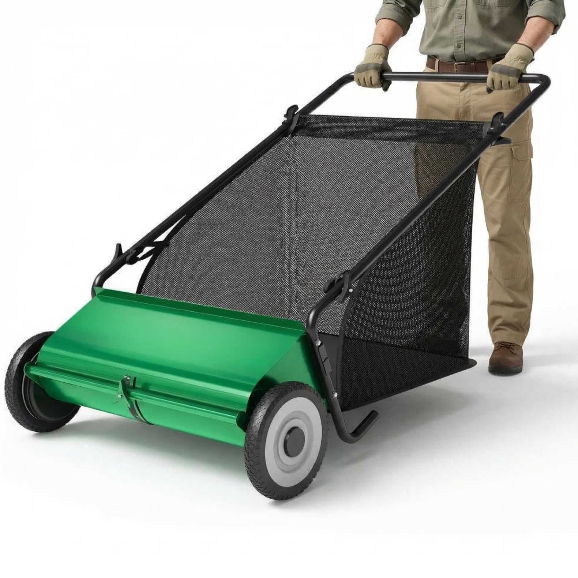 AIKKYS 26 Inch Heavy Duty Push Lawn Sweeper with 4 Spinning Brushes,Steel Frame 7 Cu. Ft. Leaf & Grass Collector,Adjustable Height,Green&Black