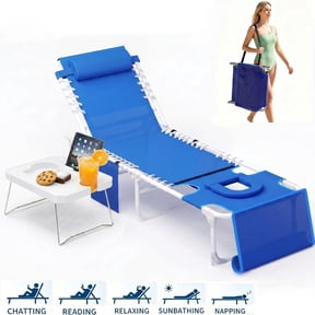 AIKKYS Folding Beach Lounge Chair with Table,Adjustable Sunbathing Patio Chair w/ Face Hole Pillow Side Pocket,Lawn Lounger for Poolside Beach Pool Patio,Blue