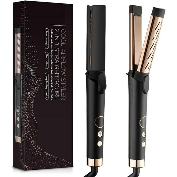 AIKO 2 in 1 Cool Airflow Curler Titanium Curling Wand 1-Inch Hair Smoothing Iron Styler Professional Straight and Curl Hair Tools with Anti-Scald Dual Voltage Gift (Rose Gold Black)
