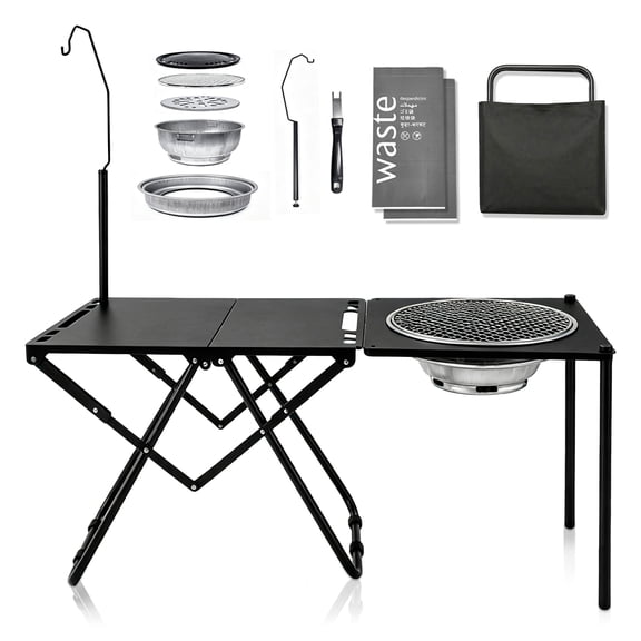 AILDEDE Folding Camping Table with Charcoal Grill and Lantern Stand, Carbon Steel, Black