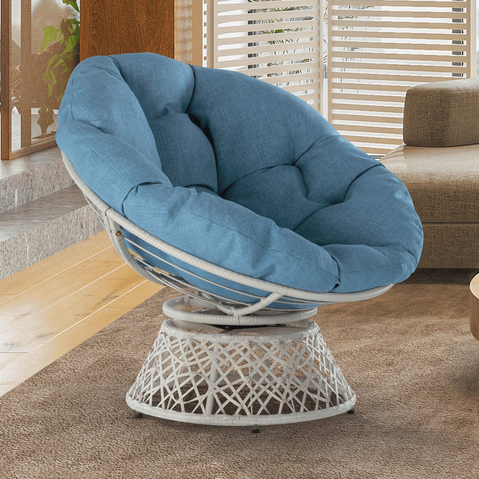AILE 360 Swivel Comfy Papasan Chair with Cushion, Sturdy Metal Frame