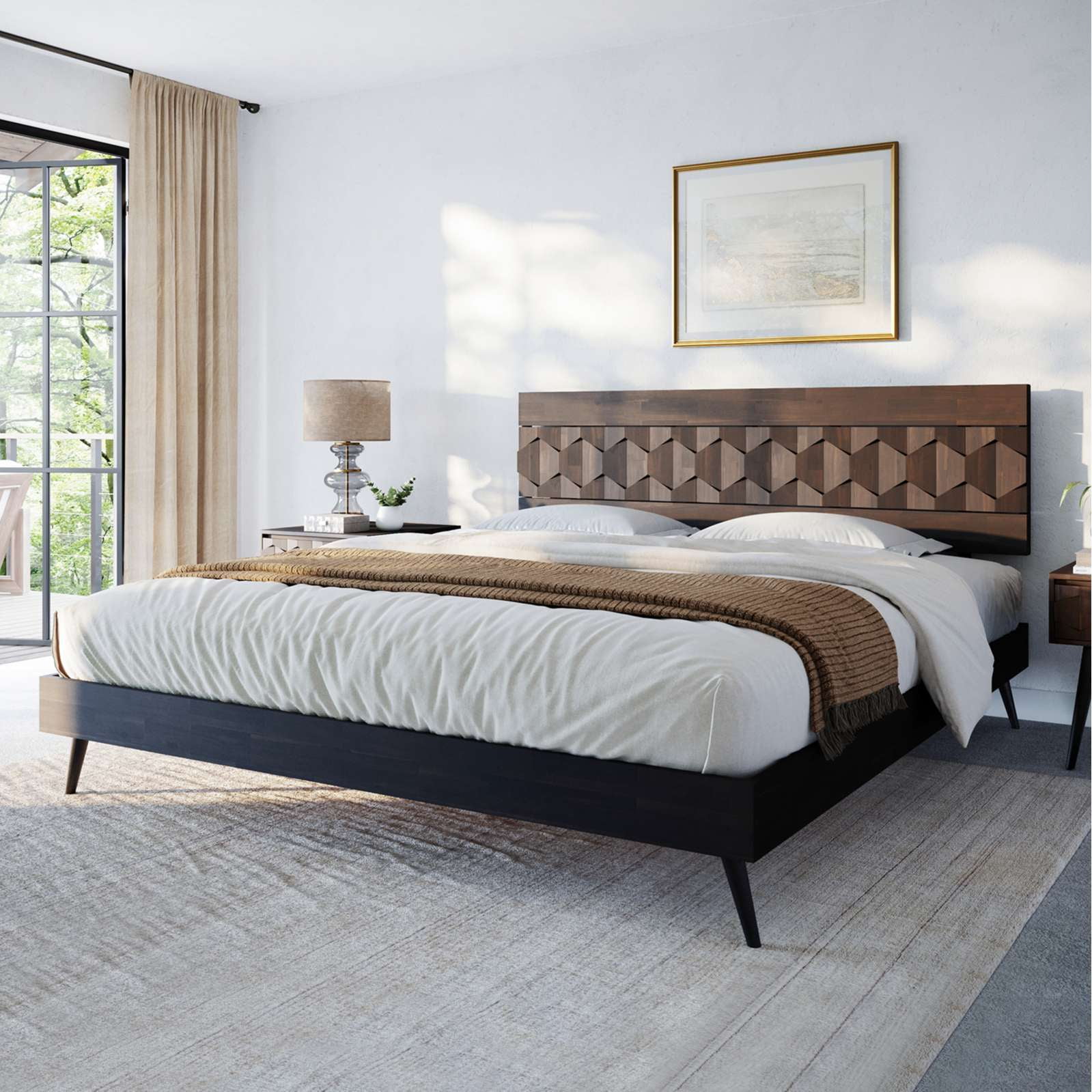 AILE Patronza King HighEnd Solid Wood Bed Frame, Geometric Pattern