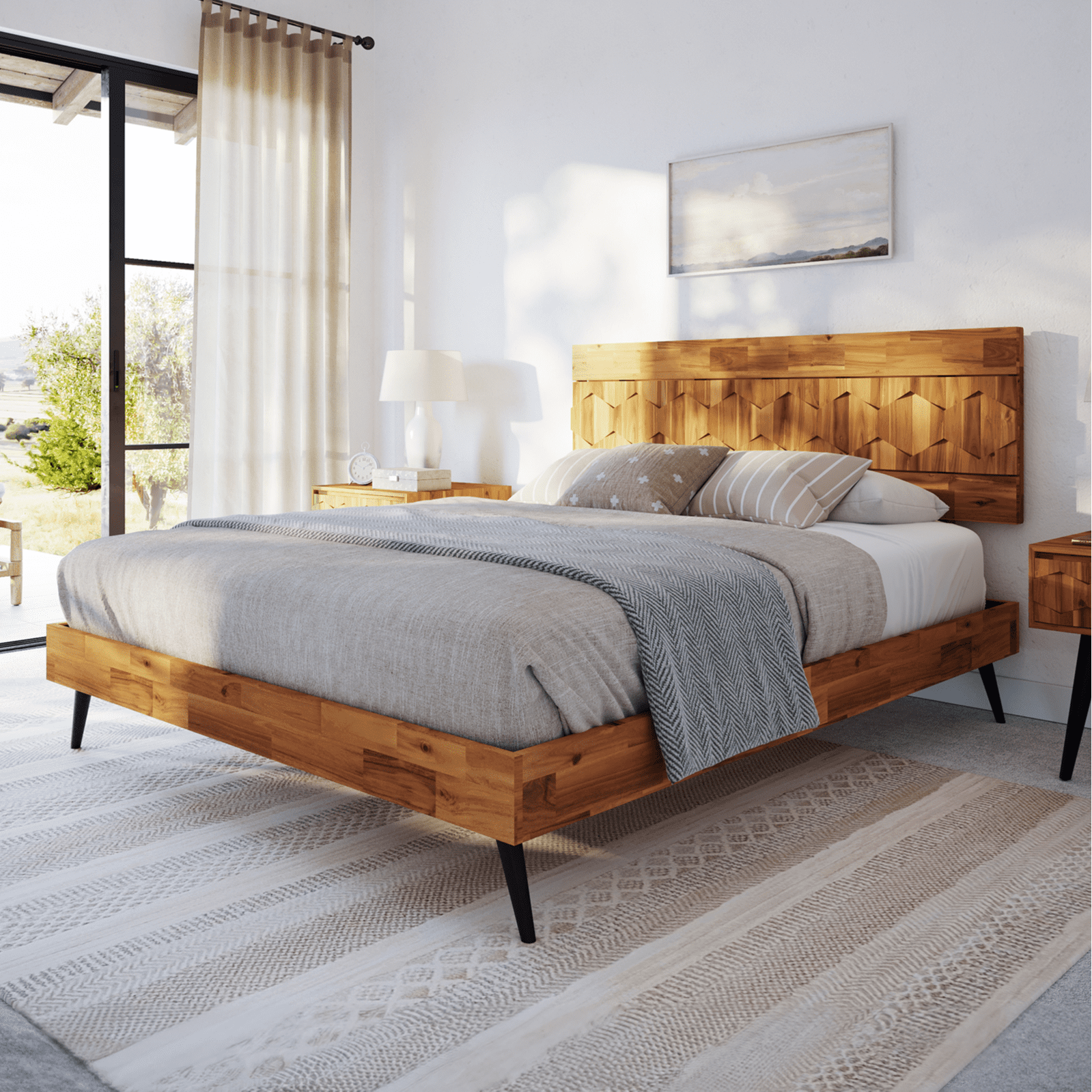 AILE Patronza Queen HighEnd Solid Wood Bed Frame, Geometric Pattern