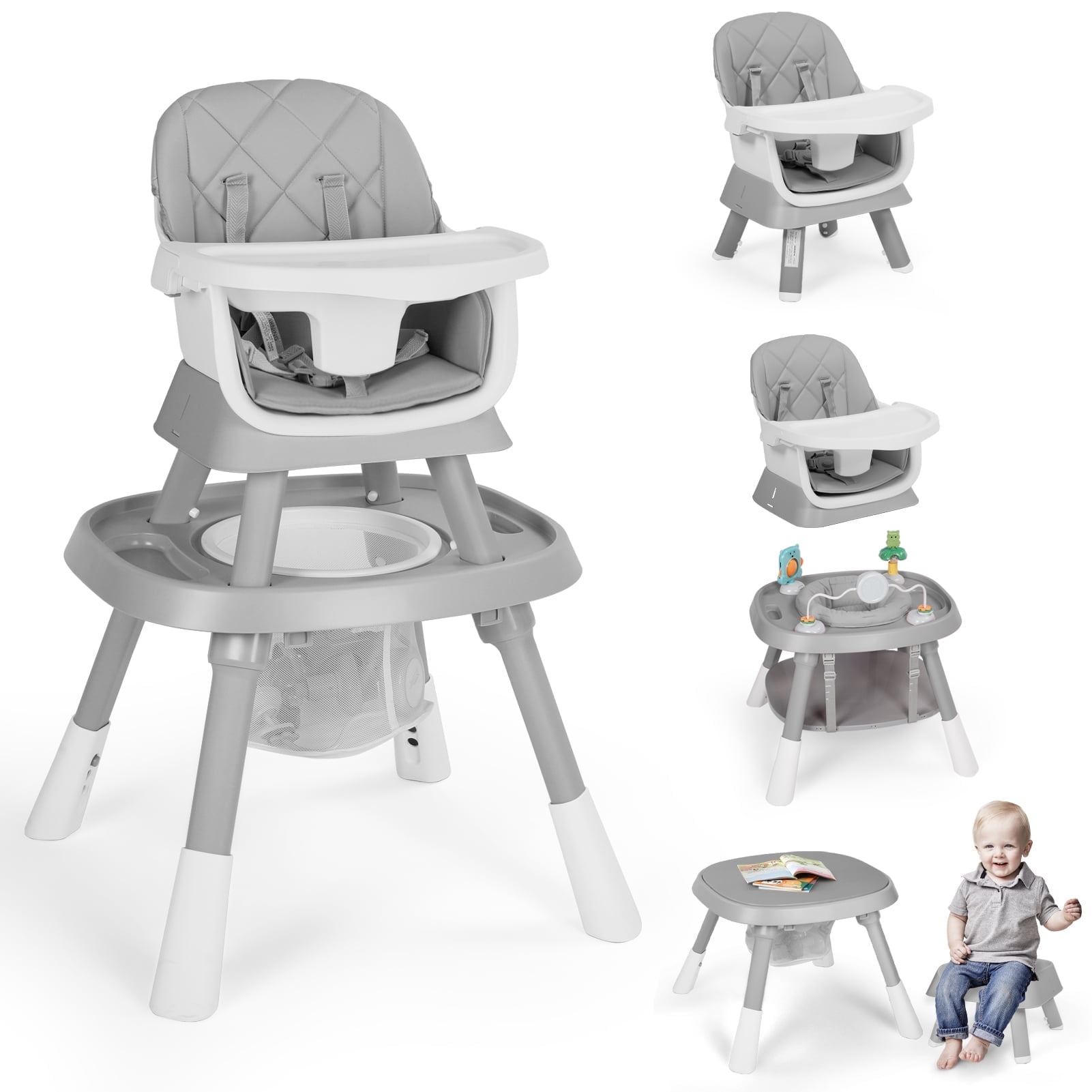 AILEEKISS 15-in-1 Baby High Chair, Toddler Dining Booster Seat with Activity Center, Grey