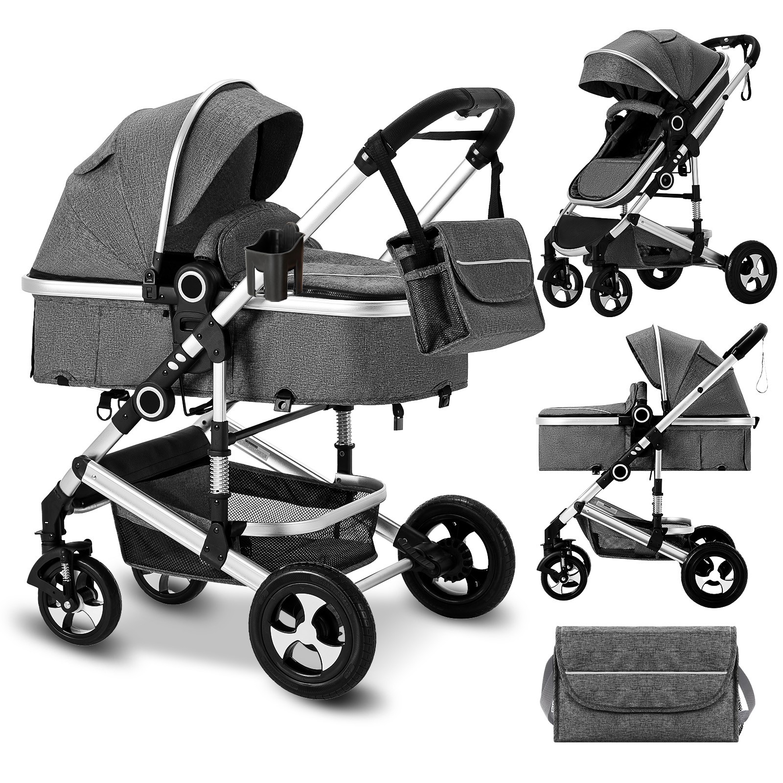 AILEEKISS 2 in 1 Convertible Baby Stroller, Unisex Folding Infant Newborn Bassinet Pram, Dark Grey - image 1 of 9