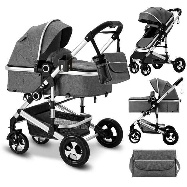 AILEEKISS 2 in 1 Convertible Baby Stroller, Unisex Folding Infant Newborn Bassinet Pram, Dark Grey
