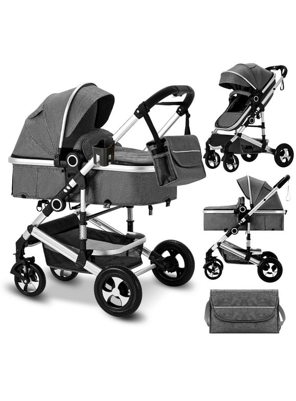 AILEEKISS 2 in 1 Convertible Baby Stroller, Unisex Folding Infant Newborn Bassinet Pram, Dark Grey