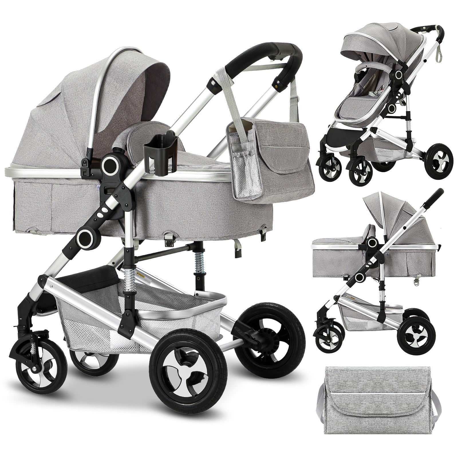 AILEEKISS 2 in 1 Convertible Baby Stroller Unisex Folding Infant Newborn Bassinet Pram Light Grey