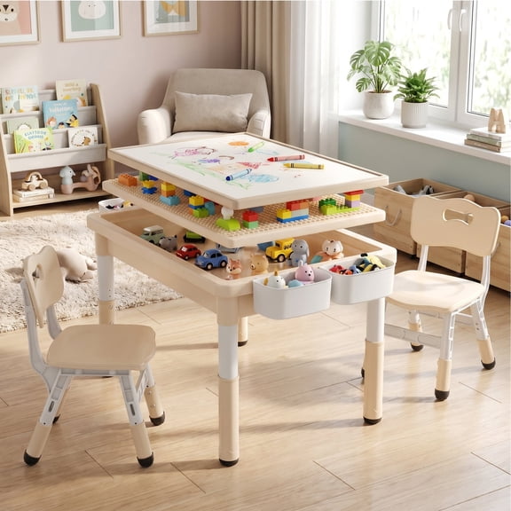 AILEEKISS Kids Table and Chair Set, Children Lego Table Play Activity Desk for Drawing, Khaki