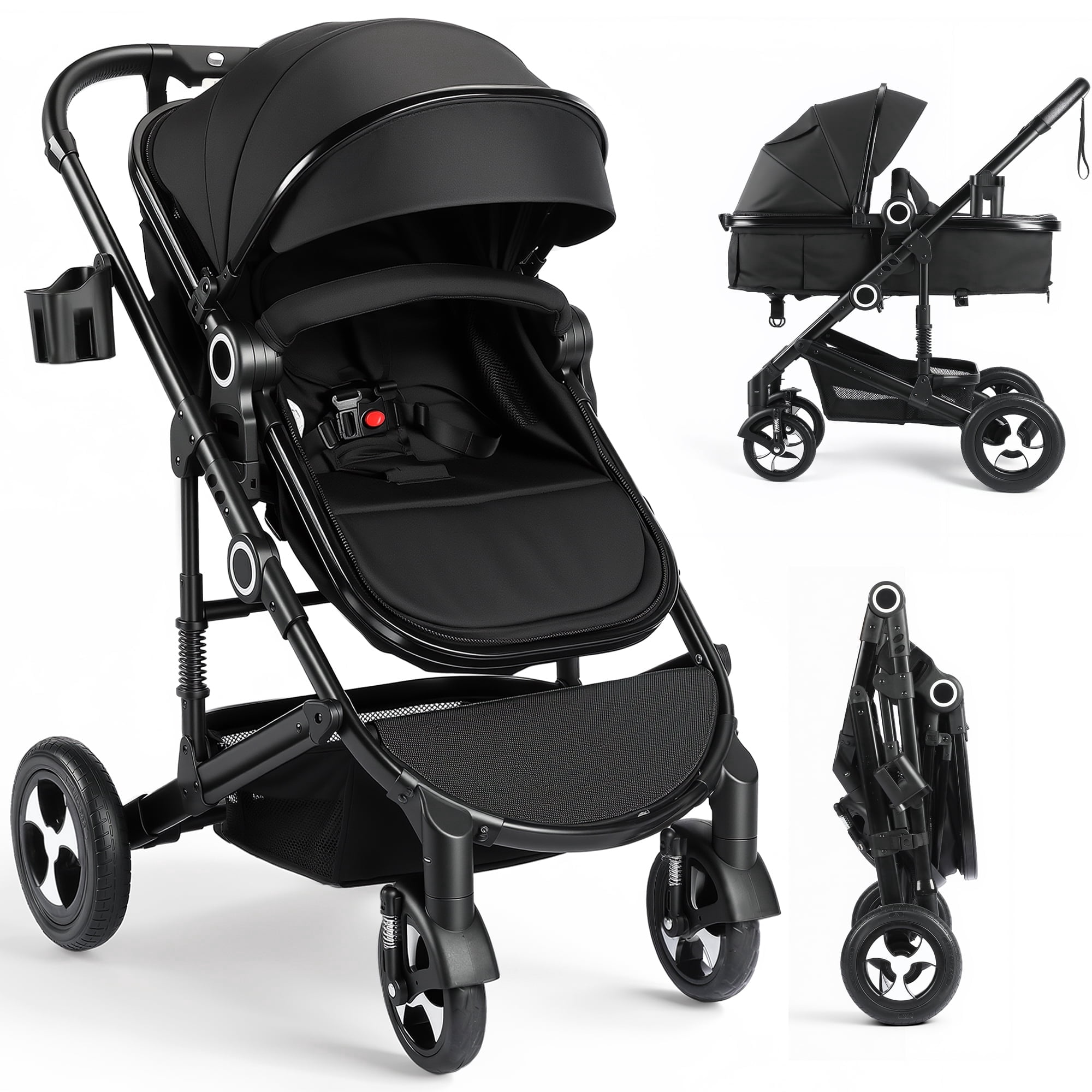 AILEEKISS 3-in-1 Convertible Baby Stroller with Big Seat and Adjustable Canopy, 24 Pounds, Black
