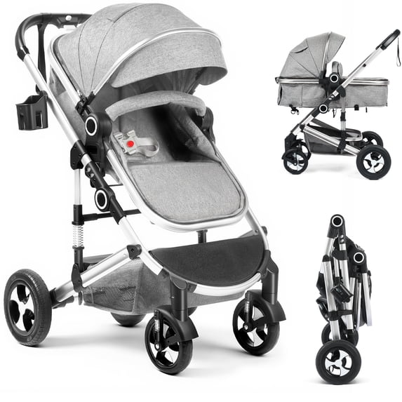 AILEEKISS 3-in-1 Convertible Baby Stroller with Big Seat and Adjustable Canopy, 24 Pound, Light Grey