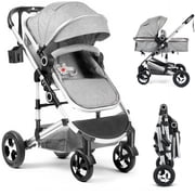 AILEEKISS 3-in-1 Convertible Baby Stroller with Big Seat and Adjustable Canopy, 24 Pounds, Light Grey