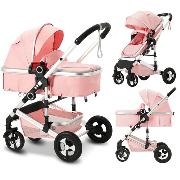 AILEEKISS 3-in-1 Convertible Baby Stroller with Big Seat and Adjustable Canopy, 24 Pound, Pink