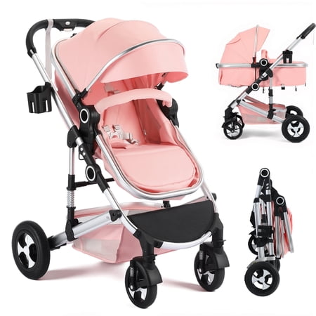 AILEEKISS 3-in-1 Convertible Baby Stroller with Big Seat and Adjustable Canopy, 24 Pounds, Pink